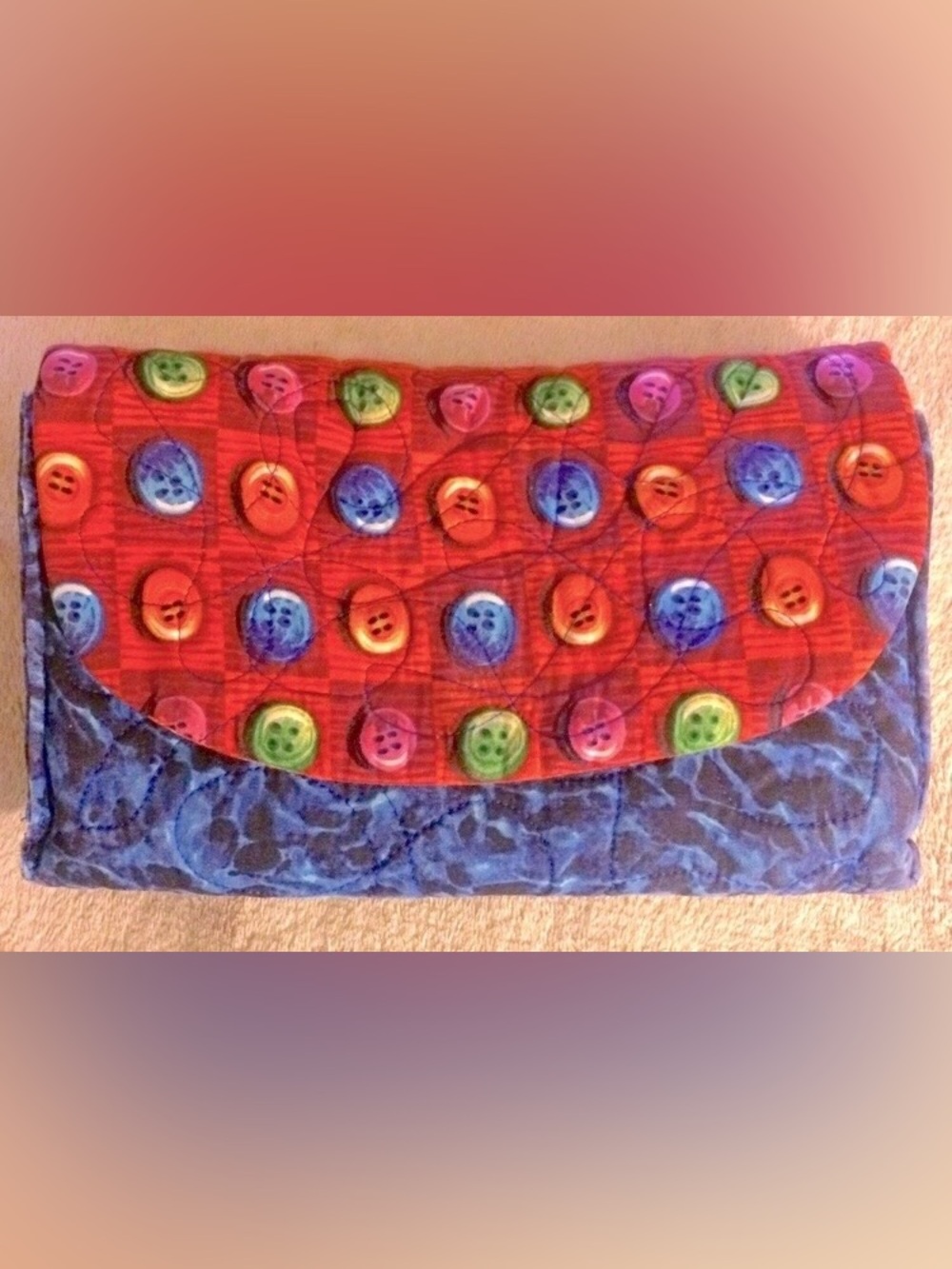 Handmade Pocketbook Wristlet Wallet Clutch w/ Button Pattern in Blue & Red